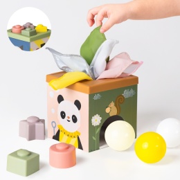 Taf Toys Pojemnik Zabawa i Odkrywanie – sensoryczna kostka edukacyjna 12m+ z chustkami, piłkami i klockami