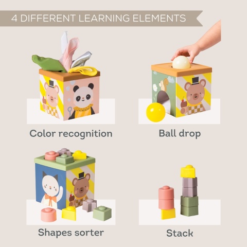 Taf Toys Pojemnik Zabawa i Odkrywanie – sensoryczna kostka edukacyjna 12m+ z chustkami, piłkami i klockami Taf Toys Pojemnik Zabawa i Odkrywanie – sensoryczna kostka edukacyjna 12m+ z chustkami, piłkami i klockami