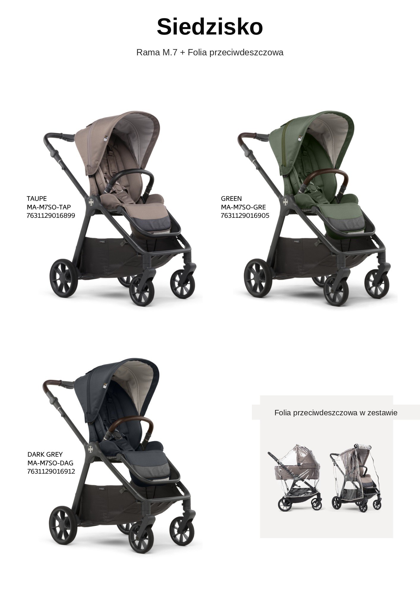 Kolory siedziska wózka M.7 - Taupe, Green, Dark Grey